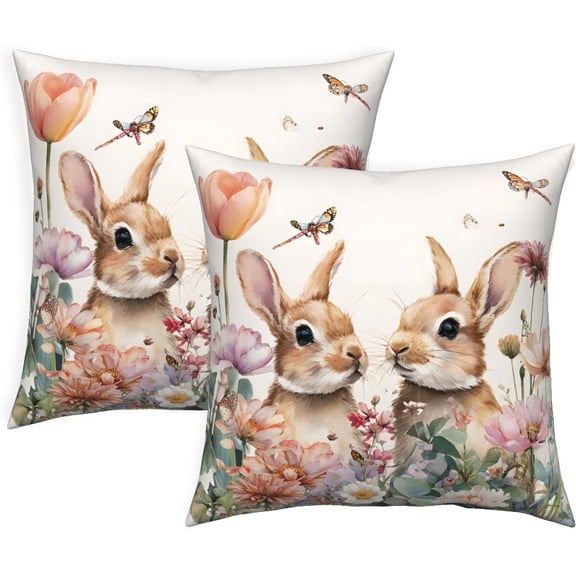 Pbobriich Spring Easter Bunny Throw Pillow Cover Set of 2,Brown Rabbit Spring Holiday Cushion Case Decoration for Sofa Couch,18x18 Inch