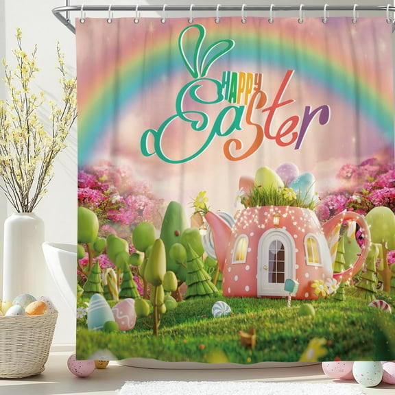 Pbobriich Spring Easter Floral Shower Curtain ,Colorful Rainbow Pink Easter Decorative Polyester Fabric Waterproof Bathroom Curtain with 12 Hooks,72 x 72 inch