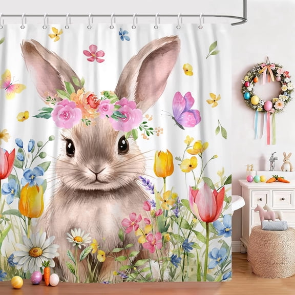 Pbobriich Spring Easter Shower Curtain,Easter Brown Bunny RabbitsFloral Bathroom Curtain with Hooks,72"x72"