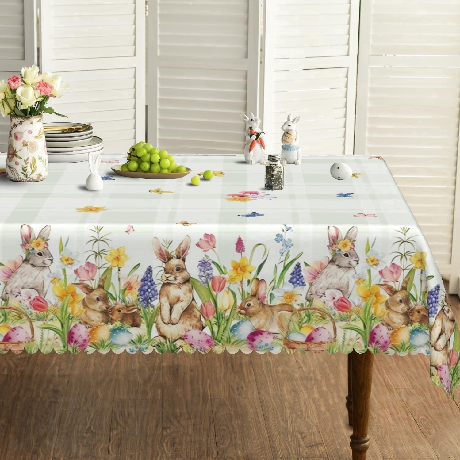Pbobriich Spring Easter Tablecloth Rectangle Bunny Eggs Table Cover ...