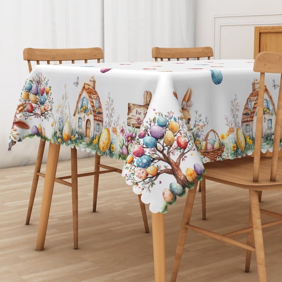 Pbobriich Spring Easter Tablecloth Rectangle Colorful Eggs Table Cover Floral Table Cloth for Happy Easter Spring Holiday Party,60x84 Inch