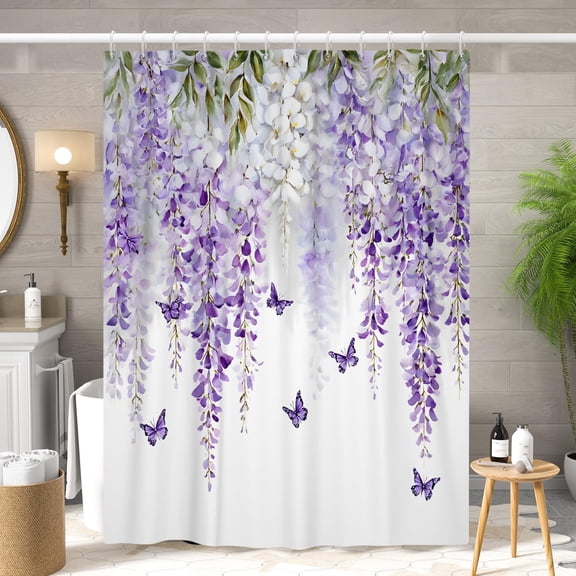 Pbobriich Spring Lavender Floral Shower Curtain,Watercolor Purple Flower Butterfly Fabric Bath Curtains for Girl Bathroom Decorative,72"x72"