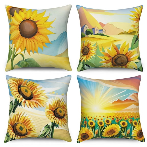 Pbobriich Sunflower Pillow Case 18x18 Set of 4 Summer Flower Throw Pillow Case Linen Cushion Cover for Couch Sofa
