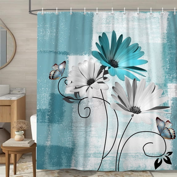 Pbobriich Teal Shower Curtain, Teal Blue Flower Farmhouse Bathroom Curtain, Waterproof Polyester, 72"x72"