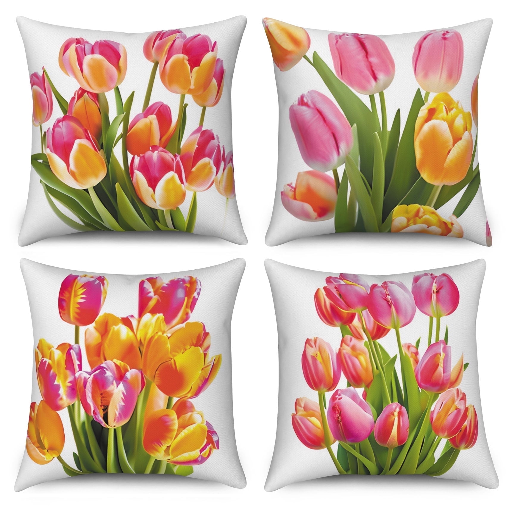 Pbobriich Tulip Summer Floral Pillow Covers 18 x 18 inch Set of 4 Farmhouse Colorful Linen Pillows Case for Patio Sofa Bed Decor