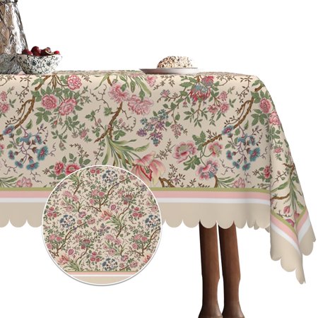 Pbobriich Vintage Beige Linen Tablecloth 60x84 Inch Rectangular,Peony Flowers Table Cover for Party Picnic Dinner Decor
