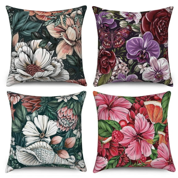 Pbobriich Vintage Boho Floral Throw Pillows Cases 18x18 Set of 4, Bohemian Outdoor Decorative Black Cushion Cover for Home Decor