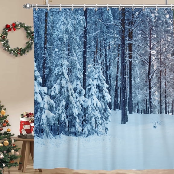 Pbobriich Winter Snow Shower Curtain,Snowy Forest Tree Waterproof Polyster Bathroom Curtain,60"x72"
