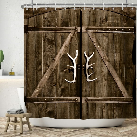 Pbobriich Wooden Barn Door Shower Curtain,Rustic Farmhosue Bathroom Shower Curtain with Hooks,60Wx72L