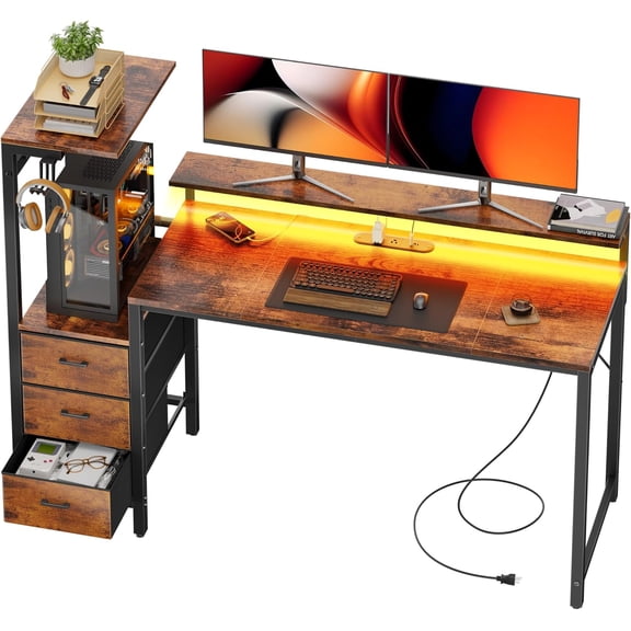 60 inch Gaming Desk with Led Lights & Outlets, Computer Desk with 3 Drawers & Shelves, Gamer Desk with Monitor Stand & Side Hooks for Game Room, Home Office, Rustic Brown