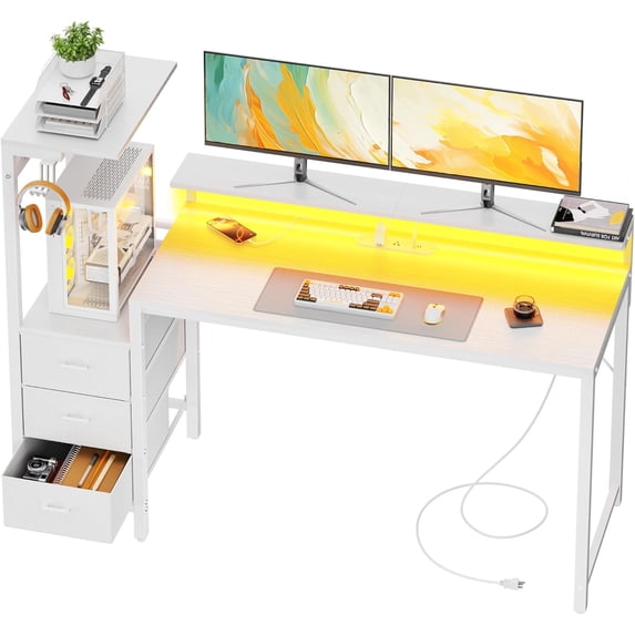 60 inch Gaming Desk with Led Lights & Outlets, Computer Desk with 3 Drawers & Shelves, Gamer Desk with Monitor Stand & Side Hooks for Game Room, Home Office, White