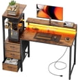 thumbnail image 1 of 44 inch Gaming Desk with Led Lights & Outlets, Computer Desk with 3 Drawers & Shelves, Gamer Desk with Monitor Stand & Side Hooks for Game Room, Home Office, Rustic Brown, 1 of 8