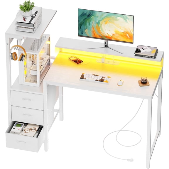 44 inch Gaming Desk with Led Lights & Outlets, Computer Desk with 3 Drawers & Shelves, Gamer Desk with Monitor Stand & Side Hooks for Game Room, Home Office, White