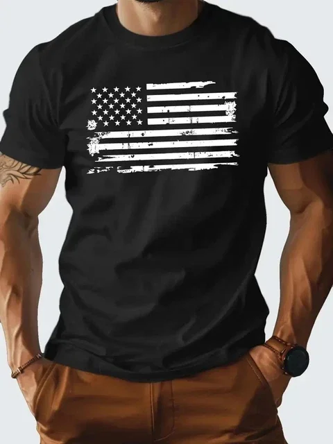 Pc Men's American Print T-Shirt 100% Cotton, Casual Crew Neck, Short Slee