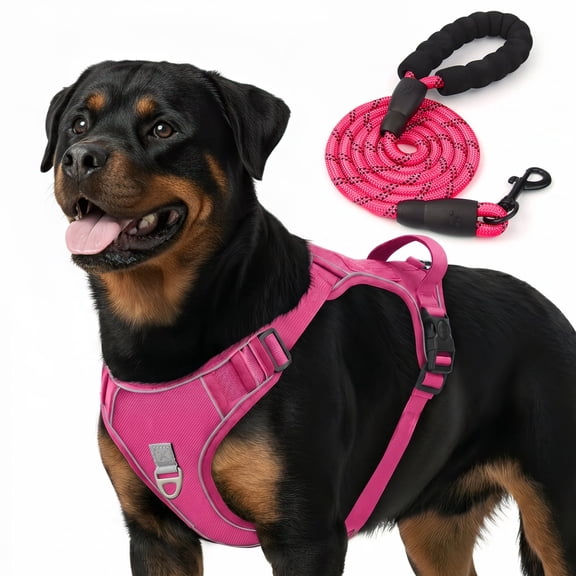 PcEoTllar Dog Harness and Leash Combo, Escape Proof No Pull Vest Harness, with Reflective Leash, Adjustable Pet Harness with Handle for Large Dogs, Pink XL