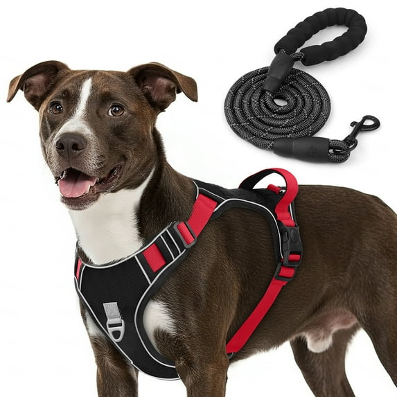 PcEoTllar Dog Harness and Leash Combo, Escape Proof No Pull Vest Harness, with Reflective Leash, Adjustable Pet Harness with Handle for Medium Dogs, Black M