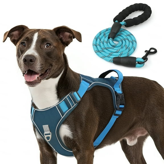 PcEoTllar Dog Harness and Leash Combo, Escape Proof No Pull Vest Harness, with Reflective Leash, Adjustable Pet Harness with Handle for Medium Dogs, Blue M
