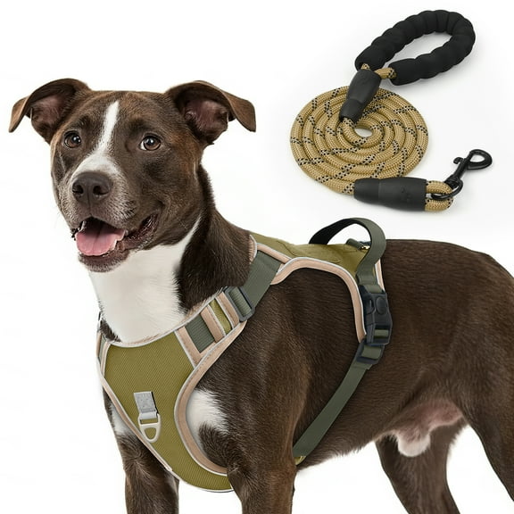 PcEoTllar Dog Harness and Leash Combo, Escape Proof No Pull Vest Harness, with Reflective Leash, Adjustable Pet Harness with Handle for Medium Dogs, Khaki M