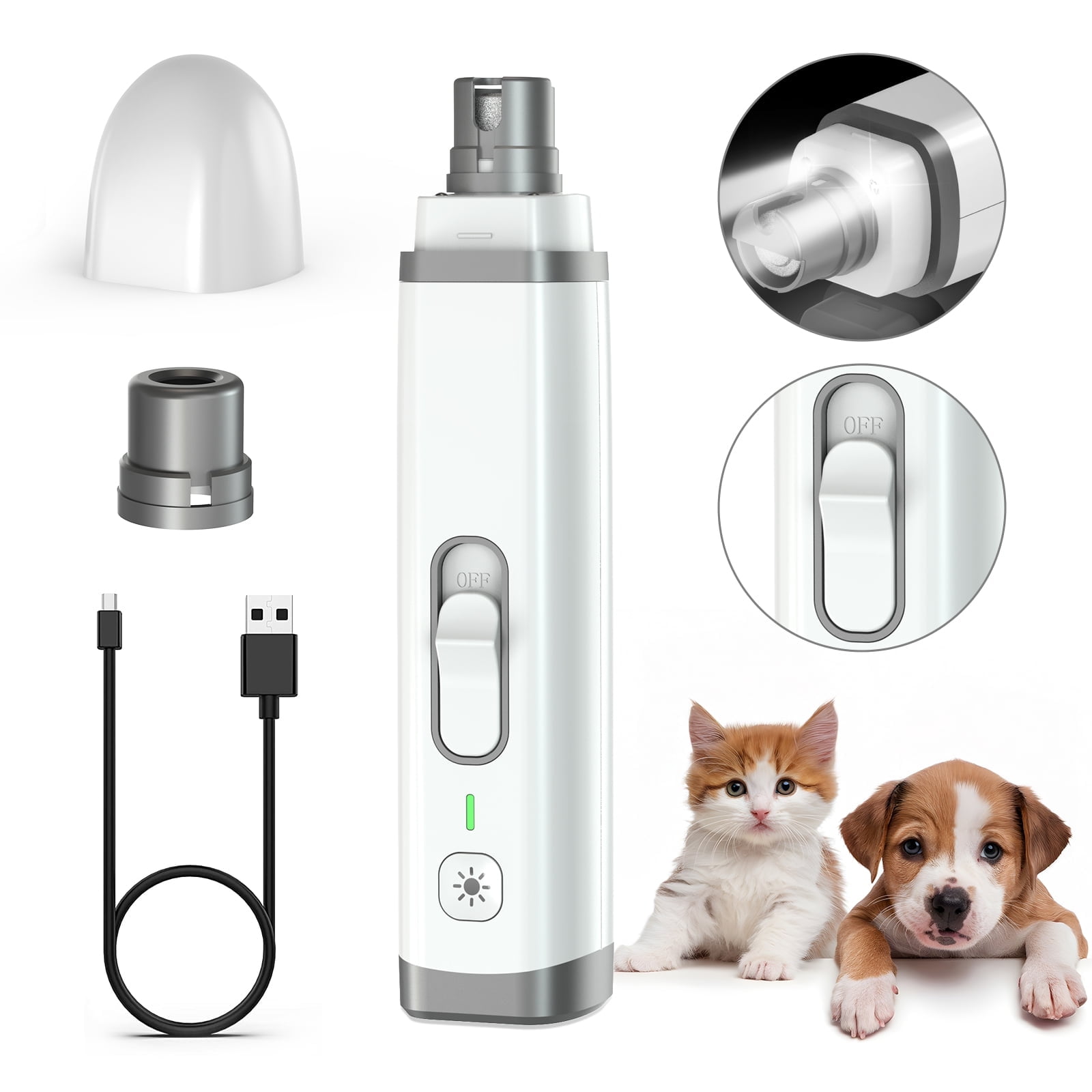 PcEoTllar Dog Nail Grinder, 2 Speed Rechargeable LED Dog Nail Trimmer, Clipper for Dogs and Cats, White