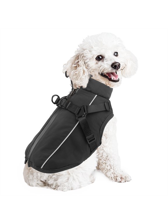 Winter Dog Coat with Harness, Waterproof Reflective Dog Winter Jacket, Thick Fleece Snowsuit Christmas Vest for Small/Medium Dogs 14-24 lbs, Black