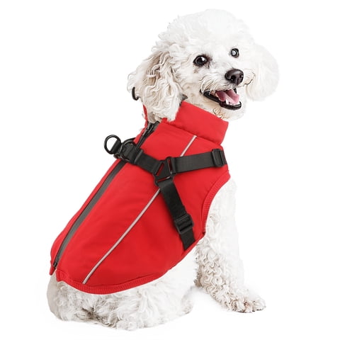 PcEoTllar Winter Dog Coat with Harness, Waterproof Reflective Dog Winter Jacket, Thick Fleece Snowsuit Christmas Vest for Small Dogs 5-8 lbs, Red