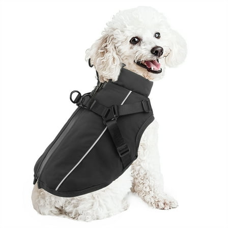PcEoTllar Winter Dog Coat with Harness, Waterproof Reflective Dog Winter Jacket, Thick Fleece Snowsuit Christmas Vest for Small Dogs 8-11 lbs, Black