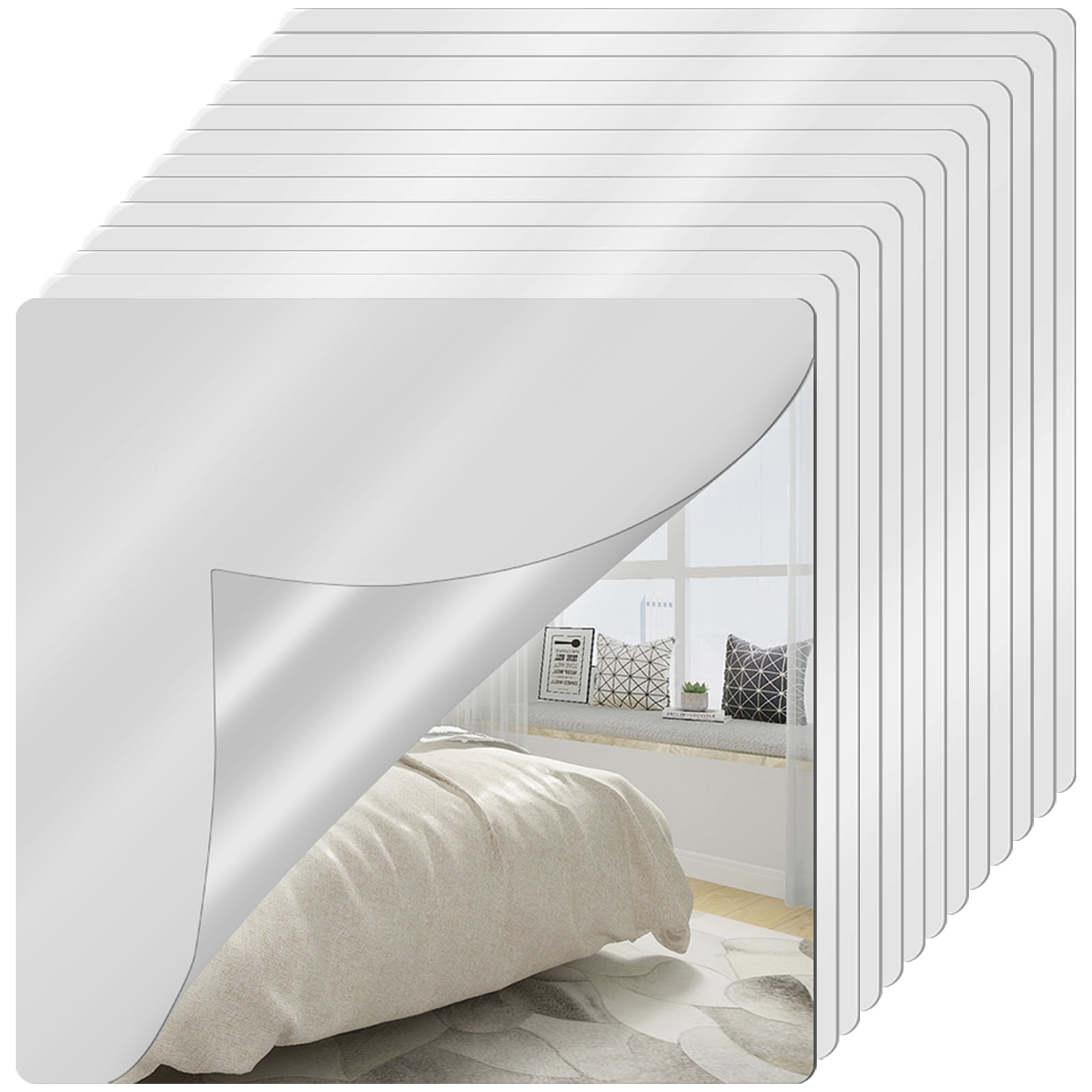Pcapzz 12Pcs Acrylic Mirrors Self Adhesive Mirror Tiles 2mm Thick Flexible Unbreakable Mirror Stickers Reflective Square Mirror Wall Stickers for Bedroom Living Room Bathroom Decor