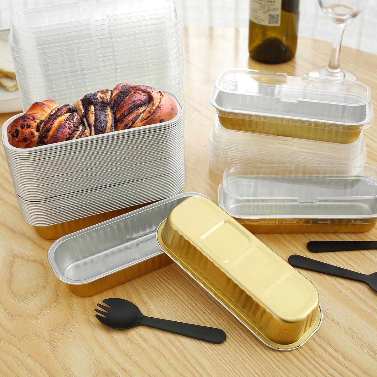 150Pcs Mini Loaf Pans with Lids and Spoons 200ml Non-Stick Aluminum