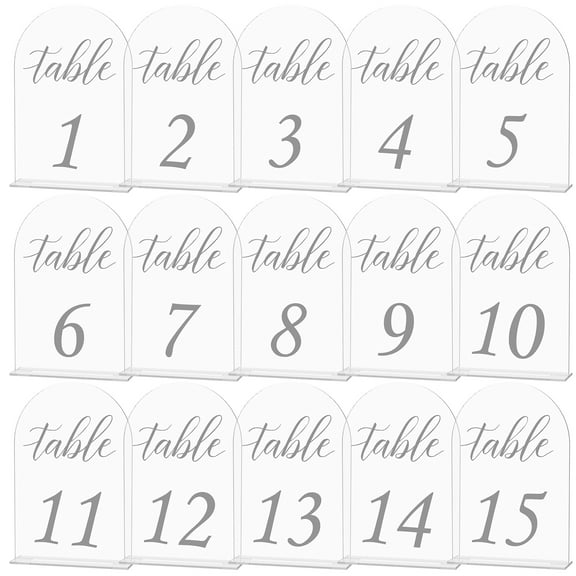 Pcapzz 15Pcs Frosted Arch Table Numbers Clear Frosted Arch Acrylic Table Signs with Stands Acrylic Table Numbers 1-15 Table Signs for Wedding Reception Table Centerpiece Party 10x15cm