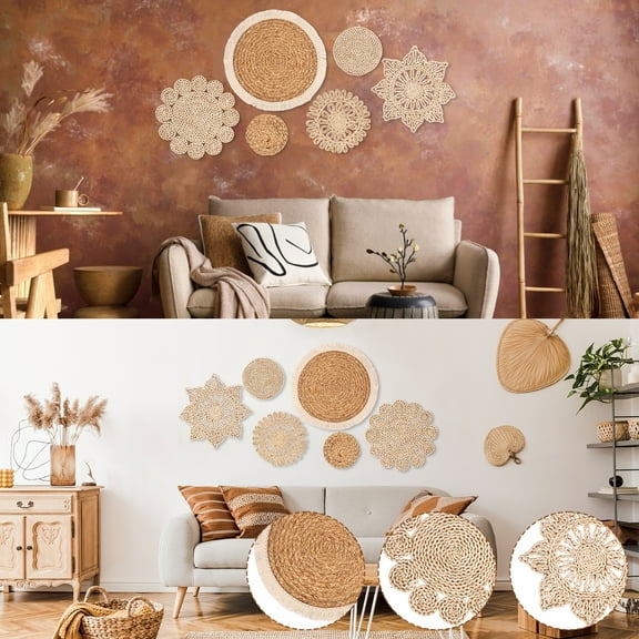 Pcapzz 6Pcs Boho Wall Basket Decor,Hanging Woven Wall Basket Set,Handmade African Round Wall Baskets Decor for Living Rooms,Bedrooms