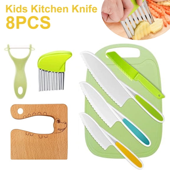 Pcapzz 8Pcs Kids Kitchen Cutter Toy Set with 3 Plastic Cutter Potato Crinkle Jagged Cutter Wooden Fruit Vegetable Peeler Cutting Board Safe Serrated Edges Cutter