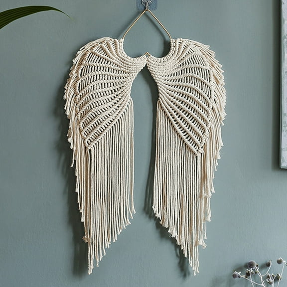 Pcapzz Angel Wing Hanging White Tapestry Bohemian Cotton Angel Wings Tapestry with Long Tassels Woven Macrame Tapestry Wall Hanging Decor Rustic Art for Wedding Home Office Bedroom