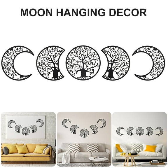 Pcapzz Moon Phase Wall Decor,Bohemian Style 5Pcs Moon Wooden Wall Art Hanging Ornaments for Home Living Room Bedroom Office
