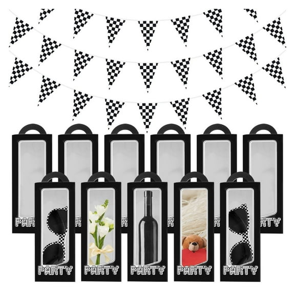 Pcs Racecar Party Decoration Set 24 Flags Race Car Black and White Checkered Pennant 12pcs Plastic Glasses and 12pcs Let's Go Racing Theme Birthday Party Treat Boxes with Handle for Gift Wrap