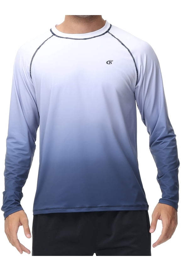 Long Sleeve Swim Shirts for Men Sun Protection Shirt Running Rashguard UPF 50+ UV Swimwear Athletic Workout White Gradient Navy Size 3XL