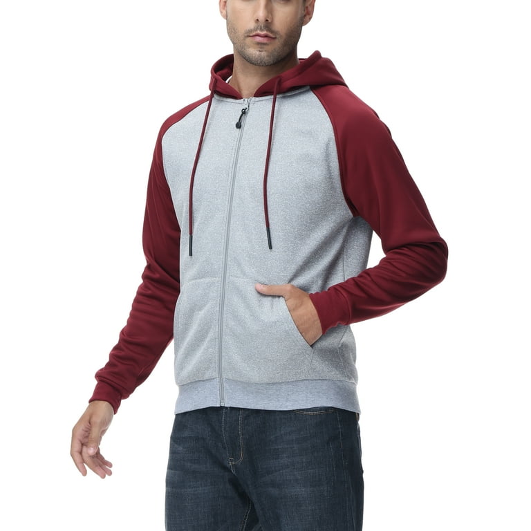 Pdbokew Men s Color Block Pullover Fleece Hoodie Casual Hooded Sweatshirts Tops Full Zip Jacket with Pocket Athletic Hoodies For Men Wine Red Contrast