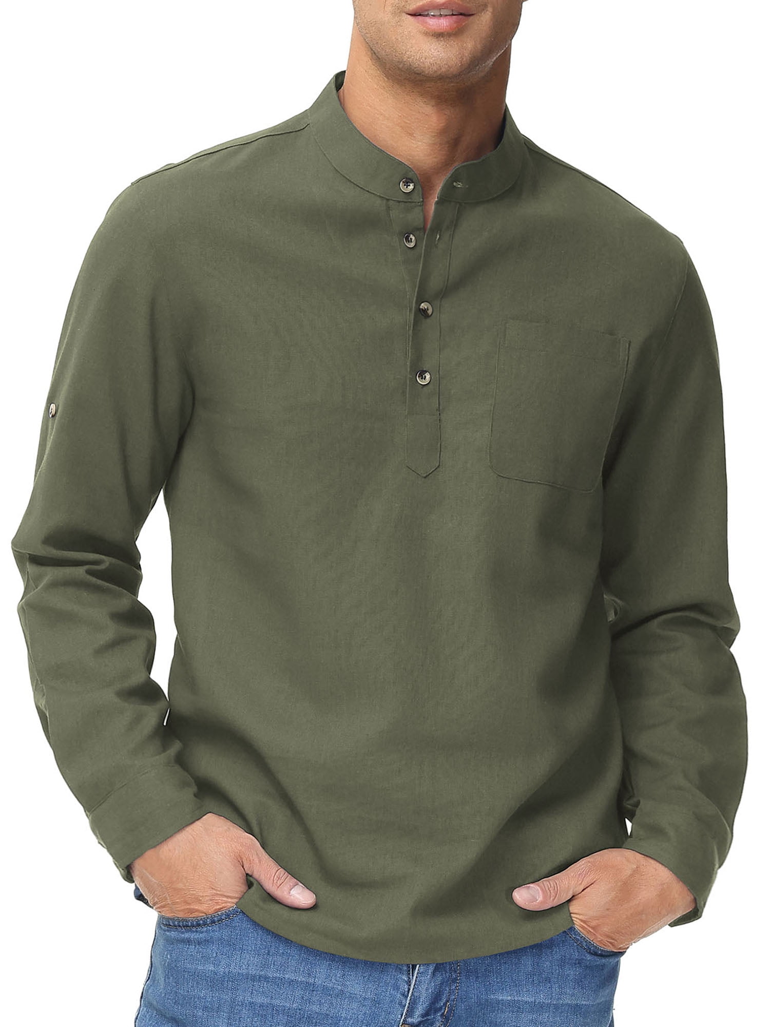 Pdbokew Men's Cotton Linen Henley Shirt Long Sleeve Hippie Casual Beach