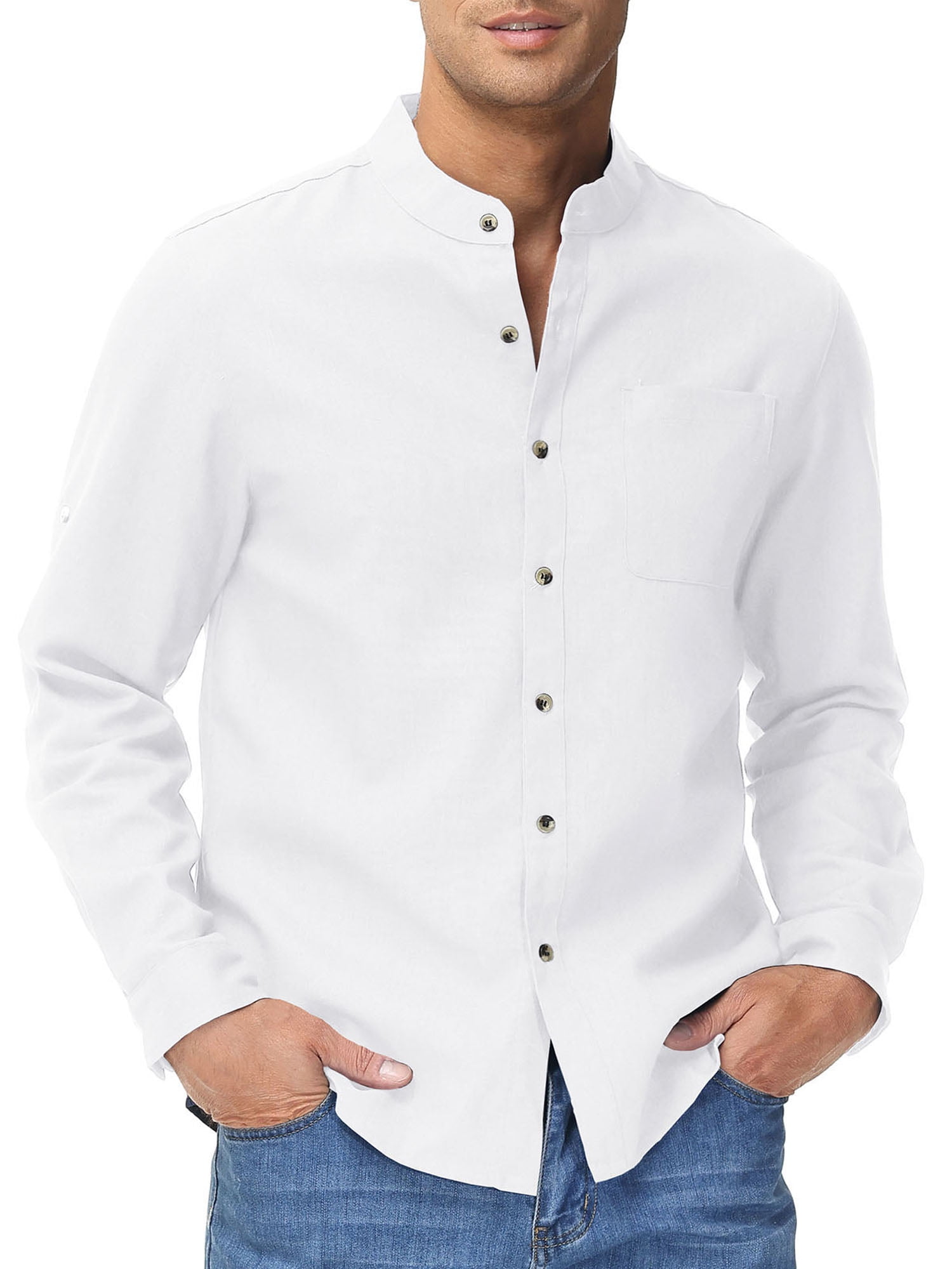 Pdbokew Men's Cotton Linen Henley Shirt Long Sleeve Hippie Casual Beach