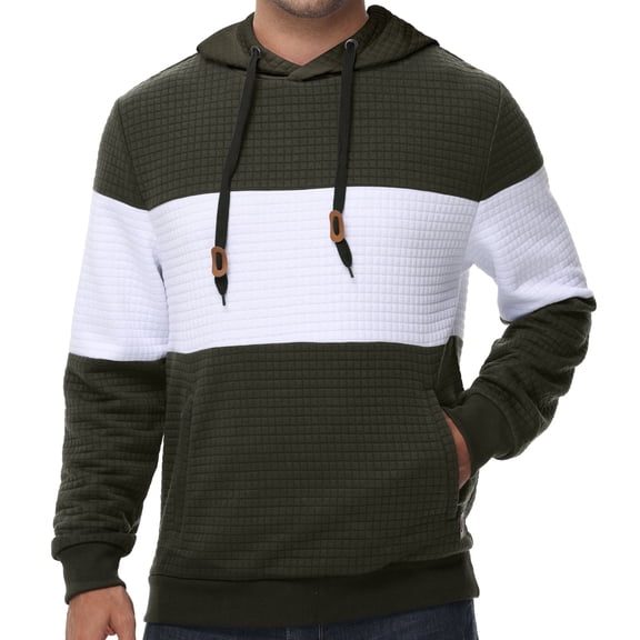 Men's Pullover Hoodies Plaid Jacquard with Zipper Kanga Pockets Color Block Long Sleeve Drawstring Casual Hooded Sweatshirt Army green XL