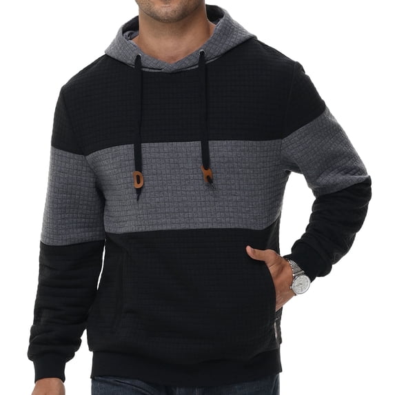 Men's Pullover Hoodies Plaid Jacquard with Zipper Kanga Pockets Color Block Long Sleeve Drawstring Casual Hooded Sweatshirt Black L