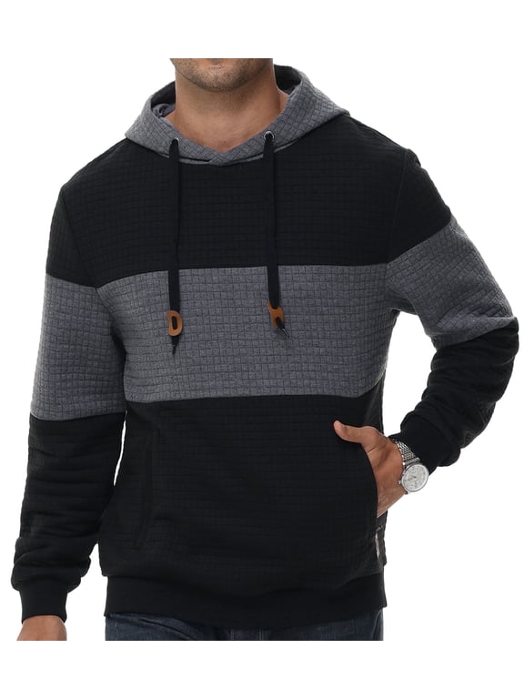 Men's Pullover Hoodies Plaid Jacquard with Zipper Kanga Pockets Color Block Long Sleeve Drawstring Casual Hooded Sweatshirt Black L