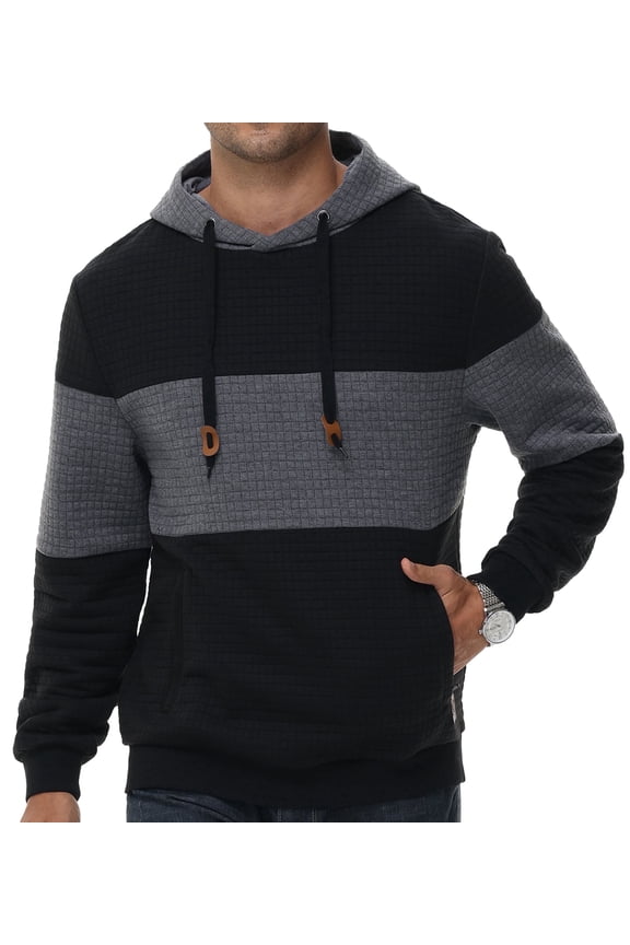 Men's Pullover Hoodies Plaid Jacquard with Zipper Kanga Pockets Color Block Long Sleeve Drawstring Casual Hooded Sweatshirt Black L