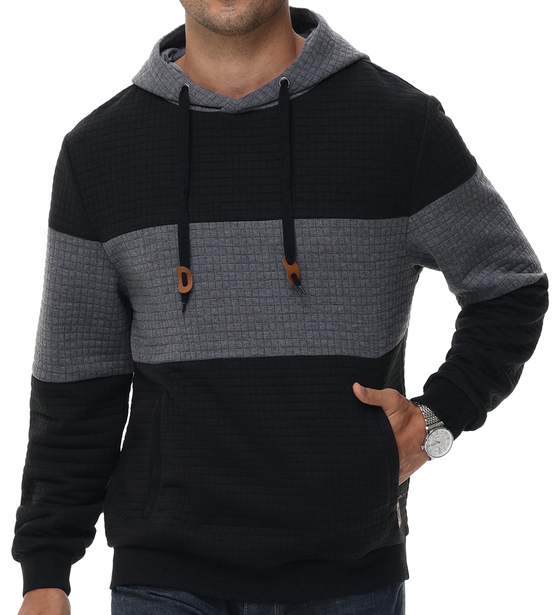 Men's Pullover Hoodies Plaid Jacquard with Zipper Kanga Pockets Color Block Long Sleeve Drawstring Casual Hooded Sweatshirt Black XL