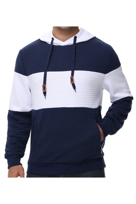 Men's Pullover Hoodies Plaid Jacquard with Zipper Kanga Pockets Color Block Long Sleeve Drawstring Casual Hooded Sweatshirt Dark blue XL
