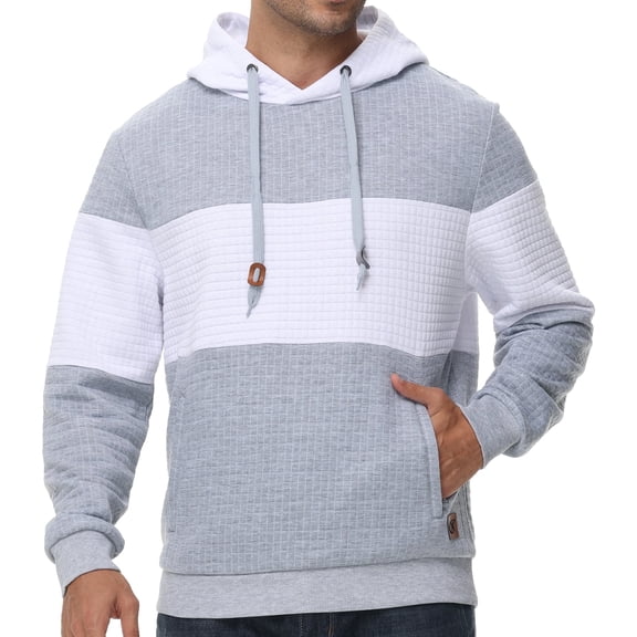 Men's Pullover Hoodies Plaid Jacquard with Zipper Kanga Pockets Color Block Long Sleeve Drawstring Casual Hooded Sweatshirt Light gray L