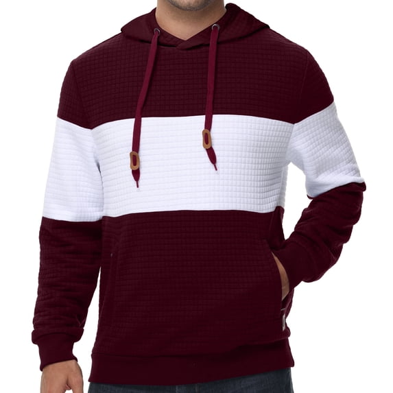 Men's Pullover Hoodies Plaid Jacquard with Zipper Kanga Pockets Color Block Long Sleeve Drawstring Casual Hooded Sweatshirt Wine red L