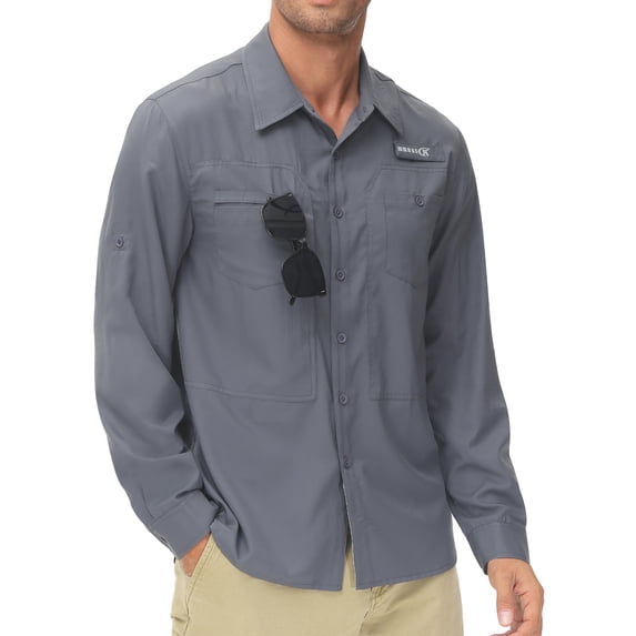 Pdbokew Men's Sun Protection Fishing Shirts Long Sleeve Travel Work Shirts for Men UPF50+ Button Down Shirts with Zipper Pockets Dark Grey L