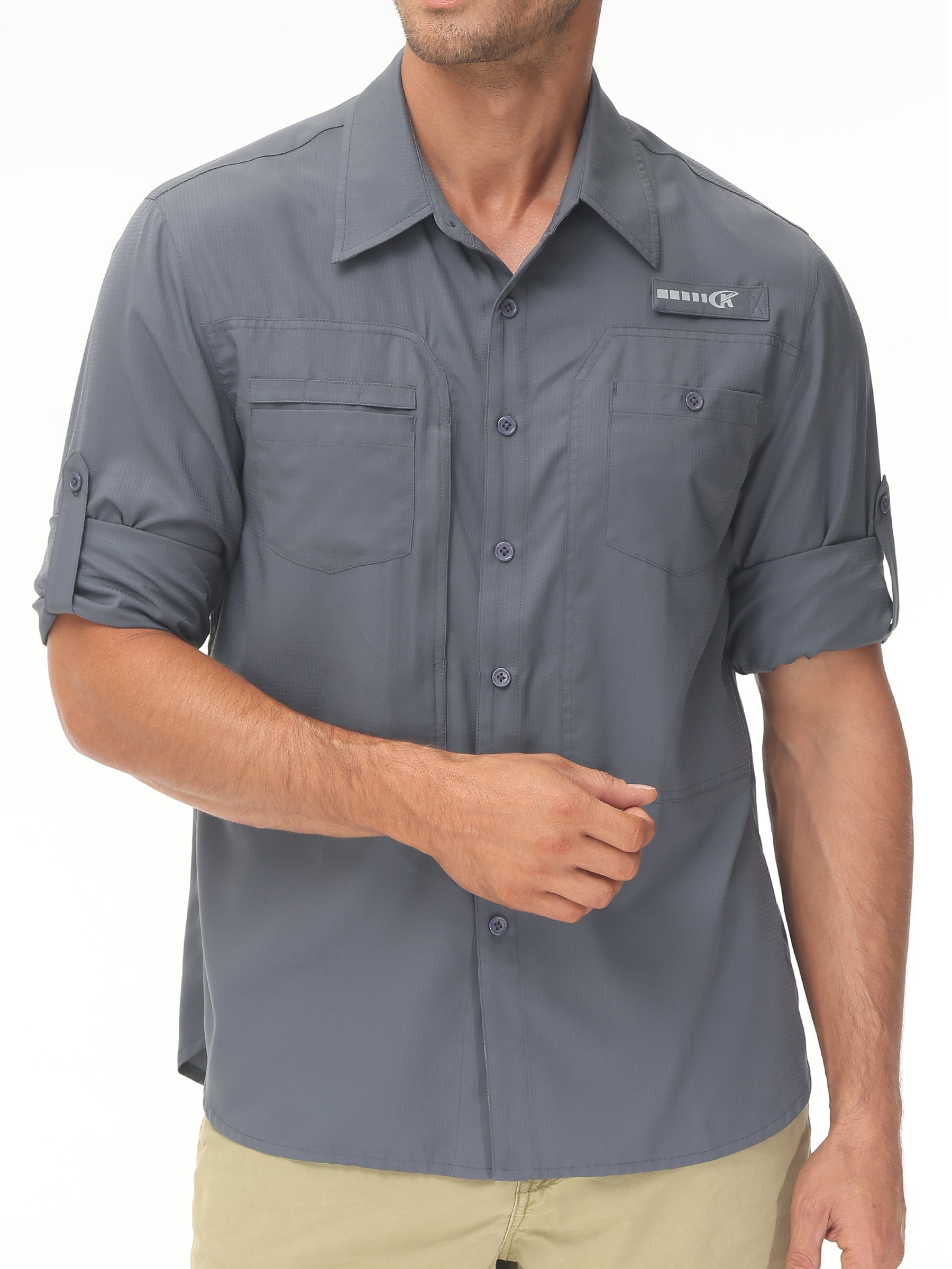 Pdbokew Men's Sun Protection Fishing Shirts Long Sleeve Travel Work Shirts  for Men UPF50+ Button Down Shirts with Zipper Pockets Dark Grey XL 