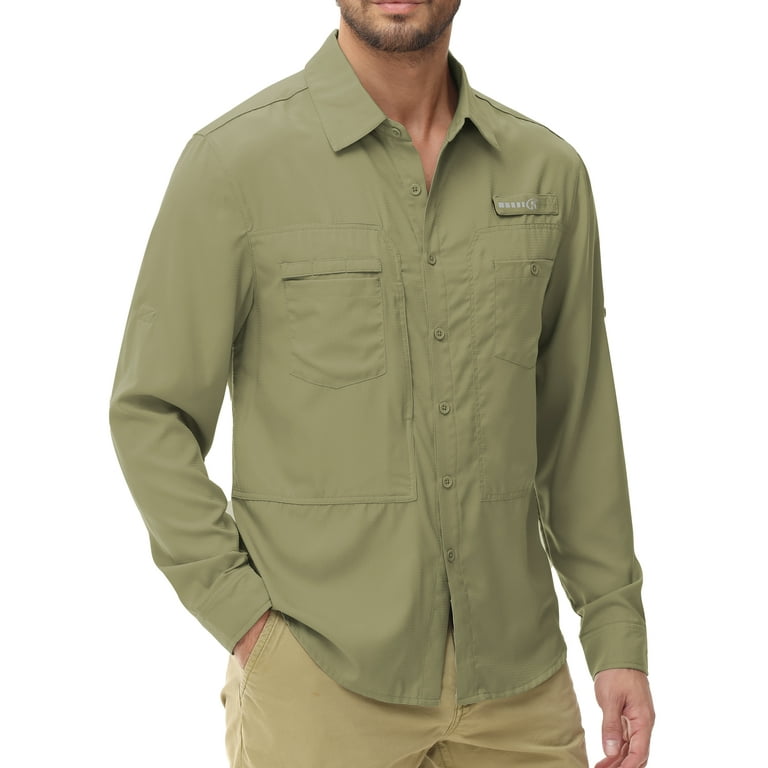 Pdbokew Men's Sun Protection Fishing Shirts Long Sleeve Travel Work Shirts  for Men UPF50+ Button Down Shirts with Zipper Pockets Grayish Green 2XL
