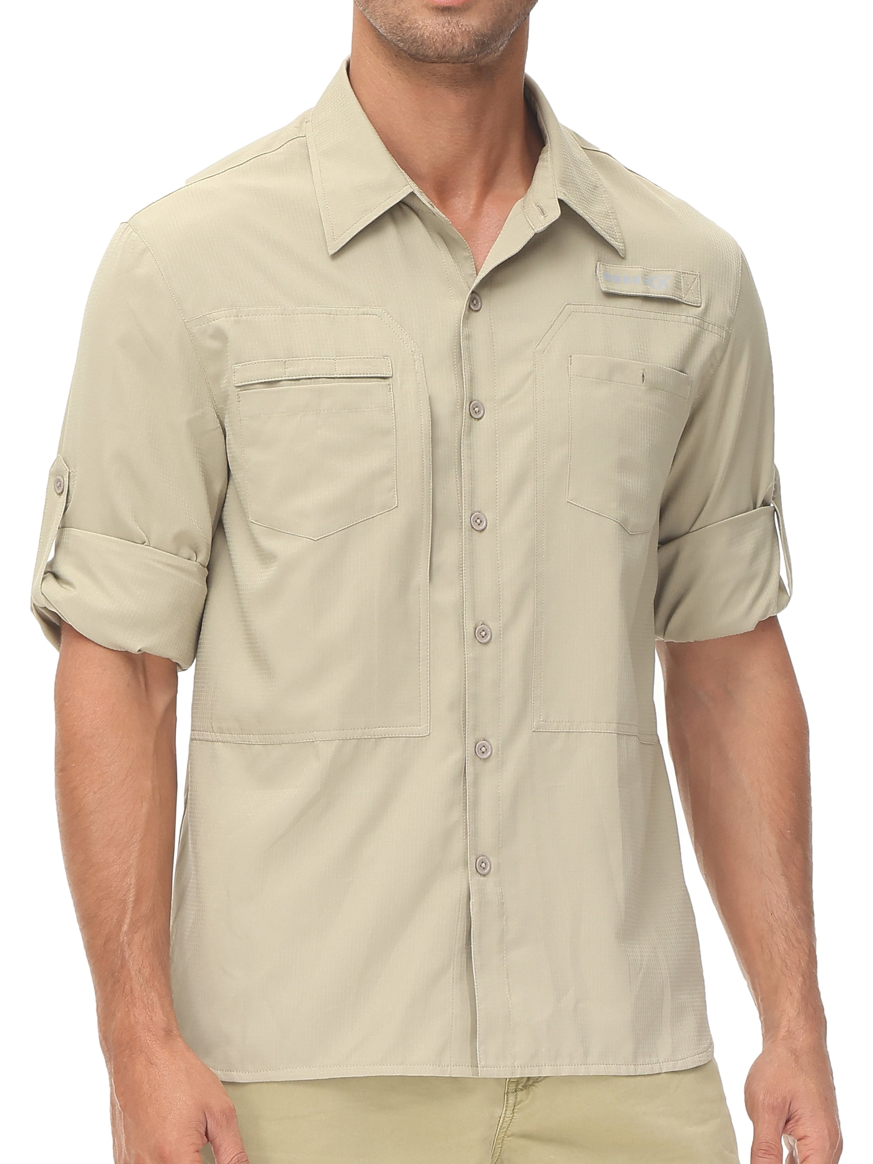 Pdbokew Men's Sun Protection Fishing Shirts Long Sleeve Travel Work Shirts  for Men UPF50+ Button Down Shirts with Zipper Pockets Khaki 2XL 